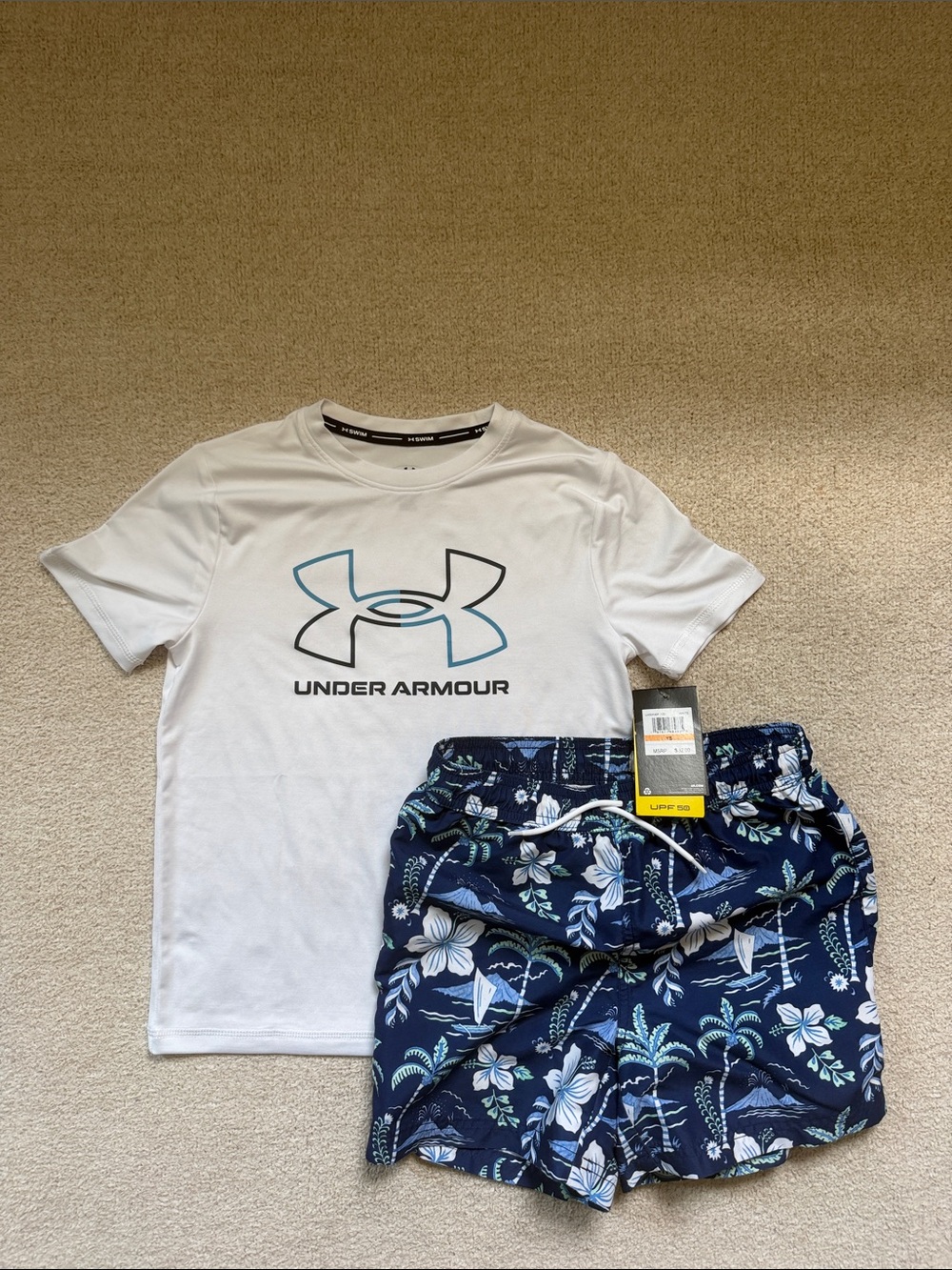 Boys Janie & Jack swim trunks (10) & NWT Under Armour rashguard S